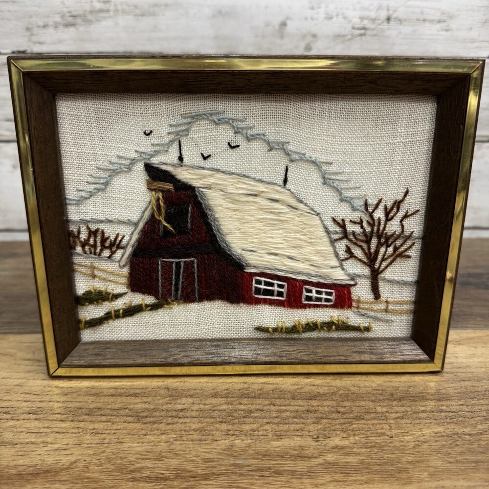 Vintage Needlepoint Cross Stitch winter Red Barn Farm Crossstitch Crewel 8x6